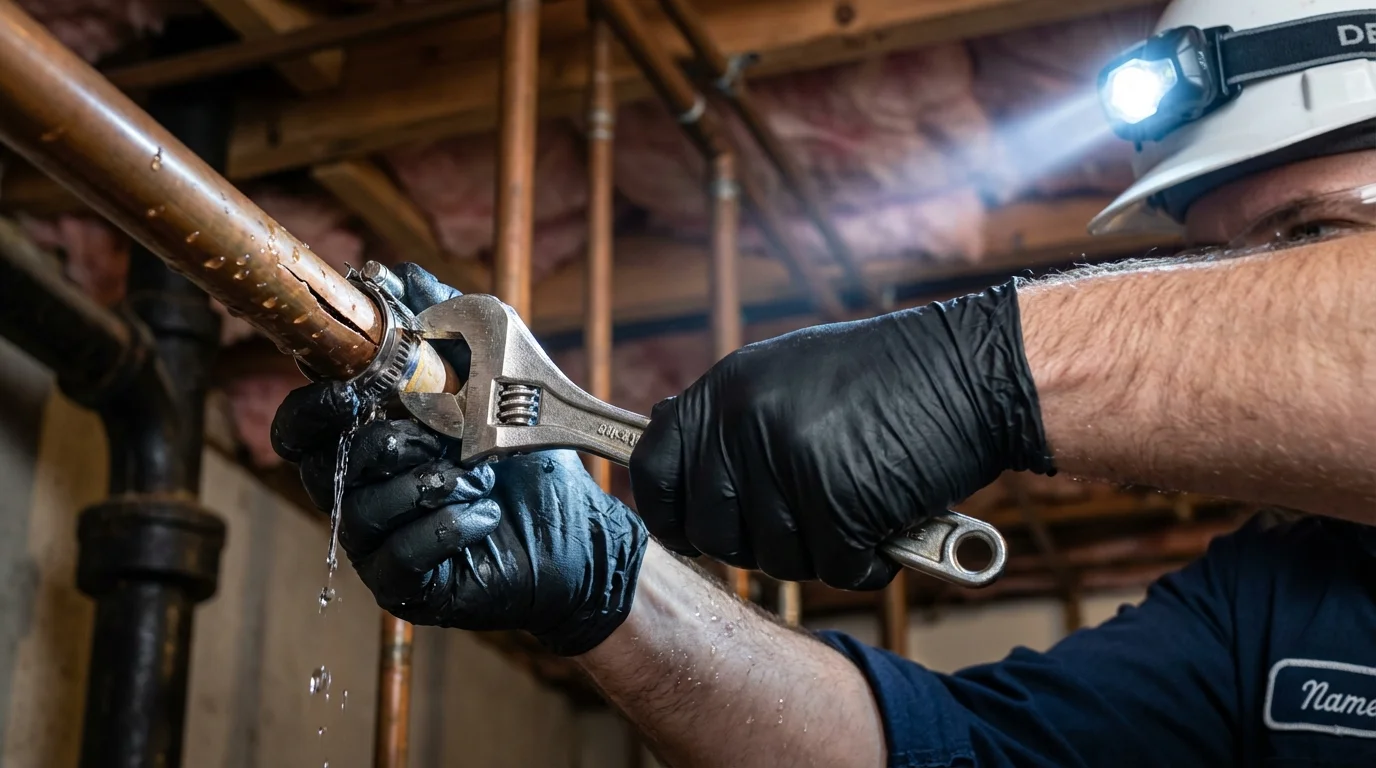 Emergency pipe clamp repair being performed by a Johns Plumbing LLC plumber in Rural Hall