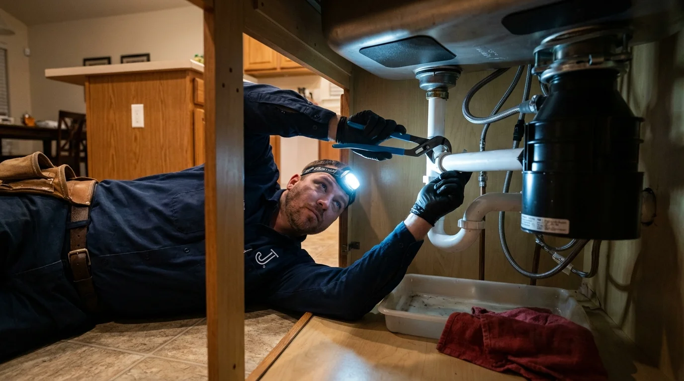 P-trap and supply line connections under a kitchen sink showing a common leak point in Rural Hall, NC